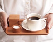 Petit Cafe Set. Wood Spoon. Wood Tray. Suger Container. Milk Pitcher
