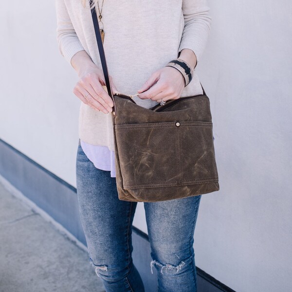 Waxed Canvas Cameron Bag, Dark Oak Waxed Canvas crossbody, waxed canvas bag, day bag, minimalist bag, large crossbody purse