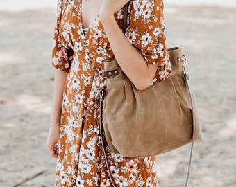 Waxed Canvas purse bag, Tan waxed canvas tote, waxed canvas crossbody bag, shoulder bag, convertible bag, pleated tote