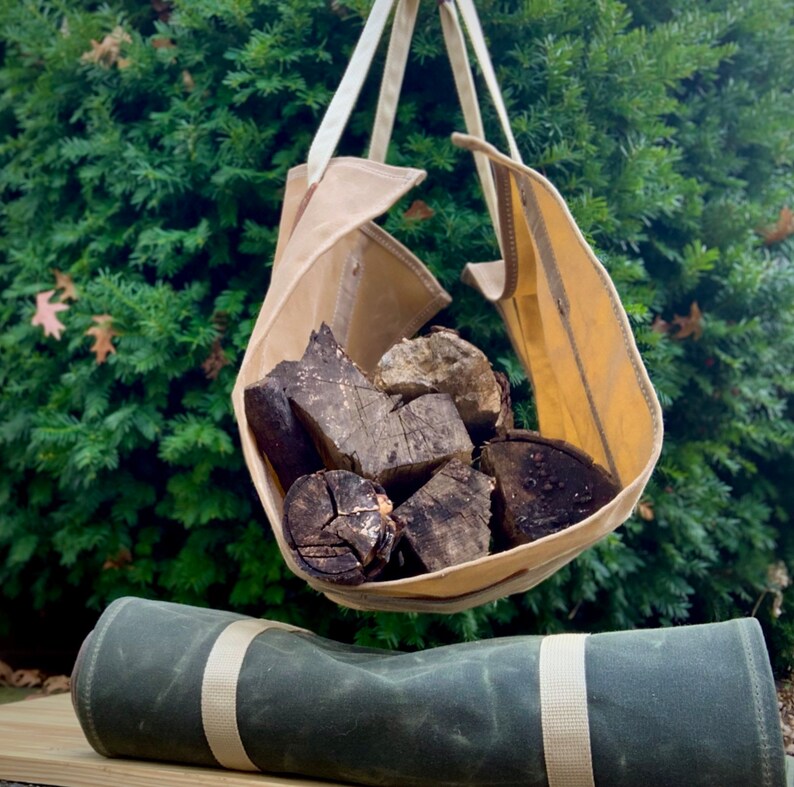 Firewood Tote, waxed canvas and leather, log carrier image 6