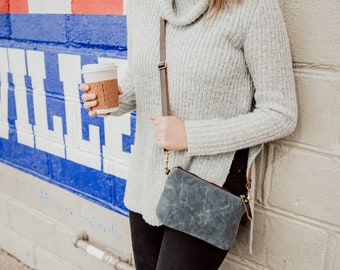 Waxed Canvas cross body bag, waxed canvas clutch, wristlet, minimalist bag, iphone bag