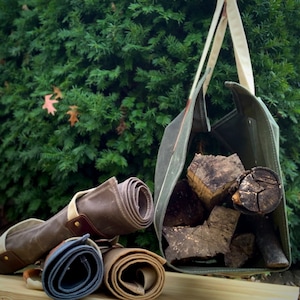 Firewood Tote, waxed canvas and leather, log carrier image 1