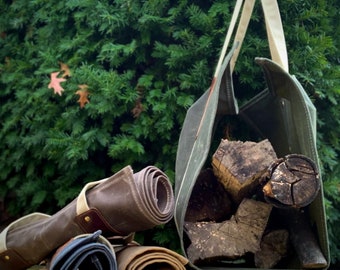 Feuerholz-Tote, gewachstes Segeltuch und Leder, Holzträger