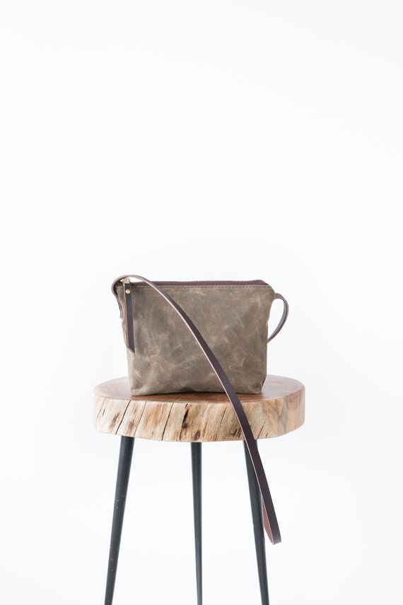 Waxed Canvas Joey Bag, Dark Oak, Waxed Canvas crossbody day bag, minimalist bag, small crossbody purse, waterproof purse