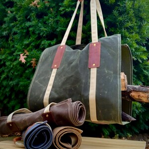Firewood Tote, waxed canvas and leather, log carrier image 2