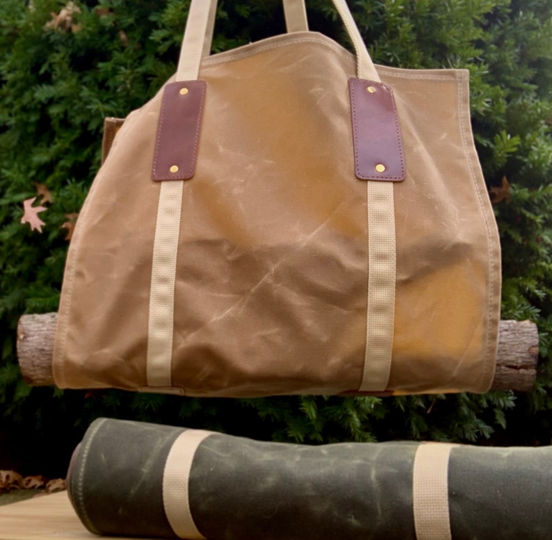 Firewood Tote, waxed canvas and leather, log carrier image 3