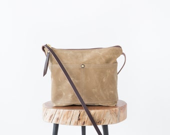 Waxed Canvas Cameron Bag, Field Tan Waxed Canvas crossbody, waxed canvas bag, day bag, minimalist bag, large crossbody purse