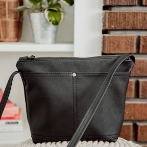Black leather Crossbody Bag, canvas purse, black Bag, black purse, black leather crossbody, day bag, minimalist bag, large crossbody purse