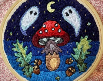 Mushroom Wall Art Embroidery Illustration Hoop Art | Cottagecore, Cute Toadstool Art, Wall Hanging Decor | Autumn