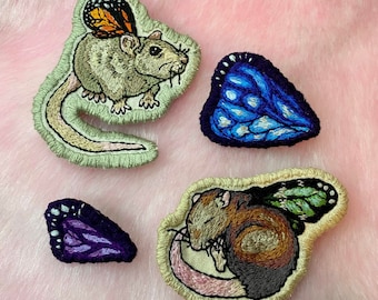 Fairy Rat & Butterfly Wing Whimsical Pins Hand Embroidered Brooches | Kitsch Jewellery | Wearable Art, Embroidery | Fairycore | Cottagecore