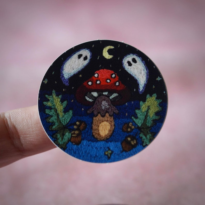 Mushroom and Ghosts Embroidery Vinyl Sticker 5x5cm Circle Waterproof Art Sticker image 5