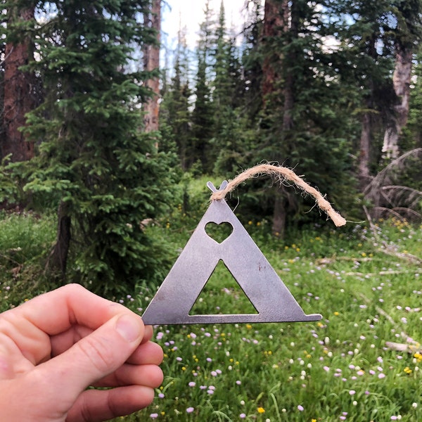 Tent Camping Metal Ornament with heart Recycled Raw Steel Sustainable Christmas Decoration Camp Hike Wander Explore Adventure Mountains BE