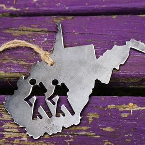 West Virginia State Hikers Metal Christmas Ornament Rustic Raw Steel WV Metal Holiday Decoration Stocking Stuffer Hike Hiking image 1