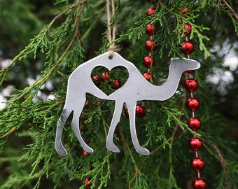 Camel Christmas Ornament with Heart made from Recycled Steel Modern Farmhouse Holiday Decoration Christmas Tree Decor Host Gift Stocking