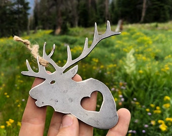 Elk Christmas Ornament with Heart Recycled Sustainable Raw Steel Modern Farmhouse Decor Cabin Rustic Holiday Decorations Host Gift Stocking