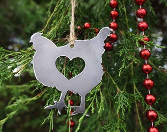 Chicken Hen Ornament with Heart made from Recycled Raw Steel Rustic Farmhouse Decor Farm Barn Homestead Farmstead Fresh Eggs Farm to Table