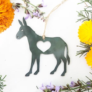 Donkey Ornament with heart made from Raw Steel Anniversary Jack Burro Arizona Grand Canyon Southwestern Desert Sustainable Ornament NO Personalization