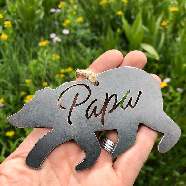 Papa Bear Metal Christmas Ornament Rustic Raw Steel Bears Holiday Tree Decoration California Outdoors Cabin Mountains Explore Wander BE