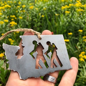 Washington State Hikers Metal Christmas Ornament WA Raw Steel Hiking Holiday Tree Decoration Saunter Drift Explore Trails By BE Outfitters