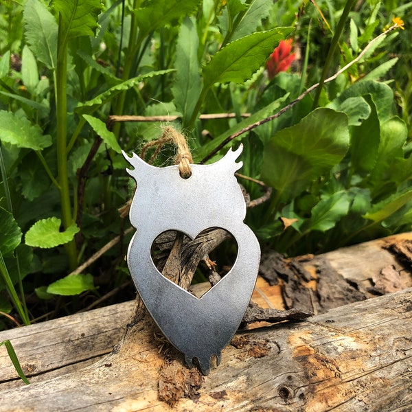 Owl Metal Christmas Ornament with Heart Raw Steel Holiday Tree Decoration Love Night Bird Forest Woodland AnimalBy BE Creations