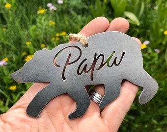 Papa Bear Metal Christmas Ornament Rustic Raw Steel Bears Holiday Tree Decoration California Outdoors Cabin Mountains Explore Wander BE