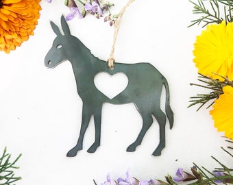 Donkey Ornament with heart made from Raw Steel Anniversary Jack Burro Arizona Grand Canyon Southwestern Desert Sustainable Ornament