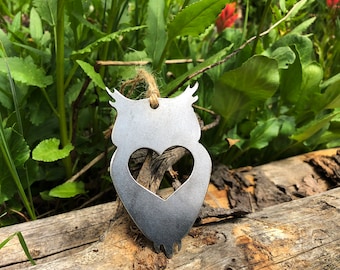 Owl Metal Christmas Ornament with Heart Raw Steel Holiday Tree Decoration Love Night Bird Forest Woodland AnimalBy BE Creations