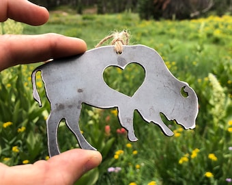 Buffalo Rustic Christmas Ornament Raw Steel Metal Bison with Heart Holiday Tree Decoration Explore Montana Wyoming Tetons By BEOutfitters