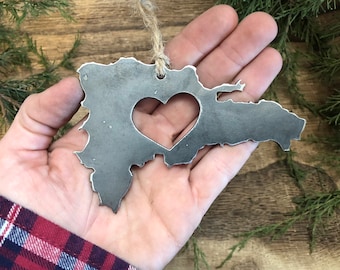 Dominican Republic Metal Ornament with Heart Raw Recycled Steel Love Travel Christmas Holiday Tree Decoration Stocking Stuffer