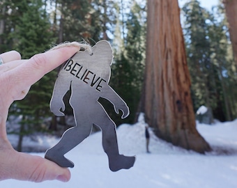 Believe in Bigfoot Ornament made from sustainable recycled metal Yeti Sasquatch Christmas Tree Decoration Fathers Day Hide N Seek Gift