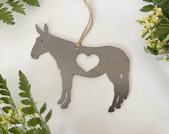 Mule Ornament with heart made from Raw Steel Sustainably made by us in the USA