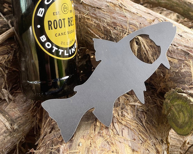 Trout Fish Bottle Opener made from Thick Heavy Duty Raw Steel Sustainable Wedding Fishing Gift Farmhouse Kitchen Rustic Cabin Bar Decor