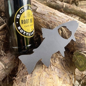Trout Fish Bottle Opener made from Thick Heavy Duty Raw Steel Sustainable Wedding Fishing Gift Farmhouse Kitchen Rustic Cabin Bar Decor
