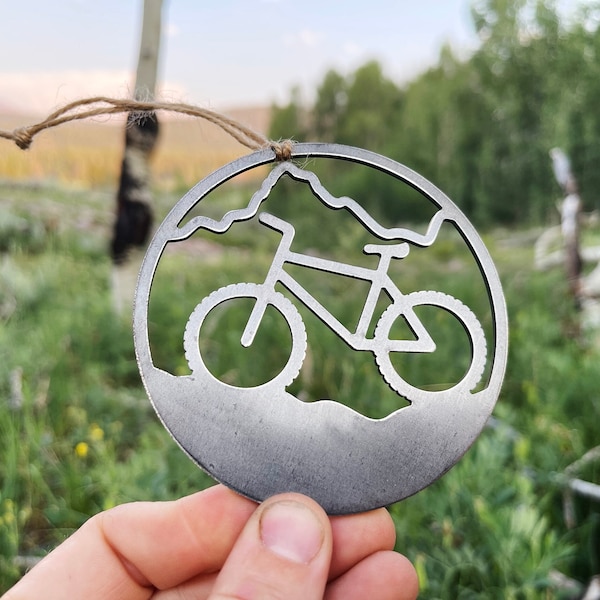 Mountain Biking Ornament made from 14g Raw US Steel Sustainable Gift Adventure Gift Explore Biking Gift Ride Bikes