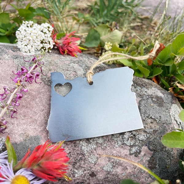 Oregon State Ornament with tiny heart over Portland made from Raw Steel / Host Gift / Housewarming Gift / Sustainable Gift / Wedding Favor