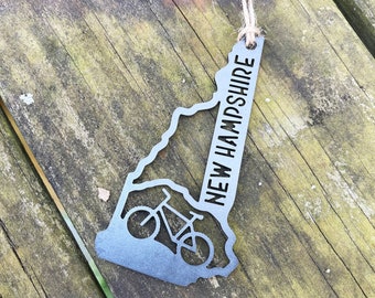 New Hampshire State Mountain Bike Ornament made from Rustic Raw Steel Anniversary Gift Biking Birthday Party Gift White Mountains Trails