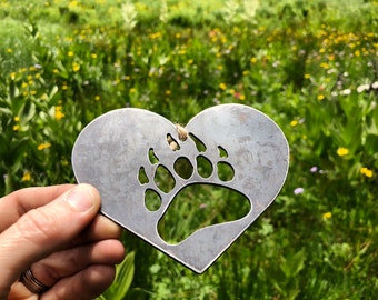 Bear Paw in Heart Metal Ornament Rustic Raw Steel Love Bears Recycled Sustainable Christmas Tree Decoration Holiday Gift Cabin Mountains CA