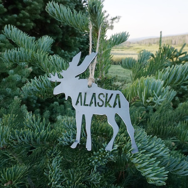 Alaska Moose Ornament made from Raw Sustainable Recycled Steel Christmas Tree Holiday Gift Cabin Hunting Modern Rustic Mountain Home