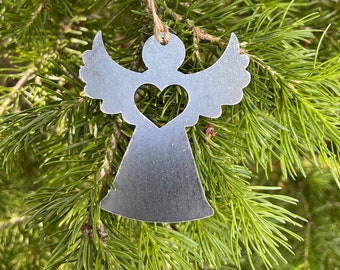 Angel Ornament with heart made from Raw Steel Rustic Farmhouse Christmas Tree Decoration Remembrance Loss Gift Remembrance Thinking of you