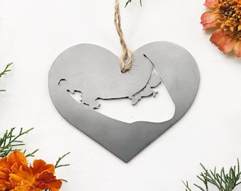 Nantucket Island Ornament in Heart made from Raw Steel Rustic Farmhouse Maine Cape Cod Christmas Tree Anniversary Wedding Favor