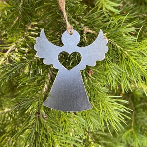 Angel Ornament with heart made from Raw Steel Rustic Farmhouse Christmas Tree Decoration Remembrance Loss Gift Remembrance Thinking of you