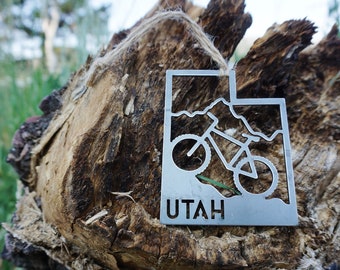 Utah State Mountain Bike Metal Ornament Raw Recycled Steel National Parks Arches Zion Bryce Canyon Monument Valley Cedar Breaks Christmas