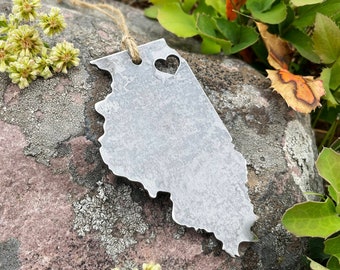 Illinois State Ornament with heart over the city of Chicago made from 14g US Raw Steel Host Gift Housewarming Gift Steel Anniversary Gift