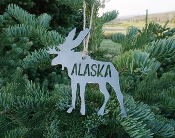 Alaska Moose Ornament made from Raw Sustainable Recycled Steel Christmas Tree Holiday Gift Cabin Hunting Modern Rustic Mountain Home