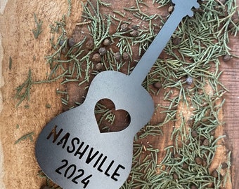 Nashville 2024 Acoustic Guitar Raw Steel Ornament Rustic Farmhouse Christmas Tree Decor Songs Music Notes Musical Gift Wedding Anniversary