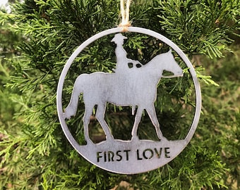First Love Horse and Rider Ornament made from Recycled Raw steel Horse Decoration Western Cowgirl Rustic Farmhouse Christmas Tree Decor