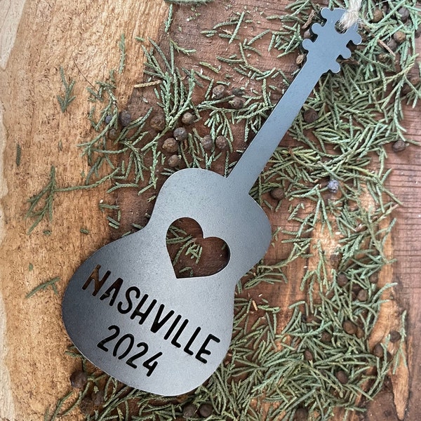 Nashville 2024 Acoustic Guitar Raw Steel Ornament Rustic Farmhouse Christmas Tree Decor Songs Music Notes Musical Gift Wedding Anniversary