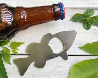 Bass Bottle Opener made from Recycled Steel Bass Fishing Fisherman Fish Rustic Farmhouse Kitchen Wet Bar Cabin Metal Beer Anniversary Gift