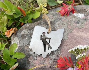 Ohio State Hiker Metal Ornament made from Raw Steel Anniversary Gift Rustic Farmhouse Decorations Hiking Adventurer MADE in USA by US