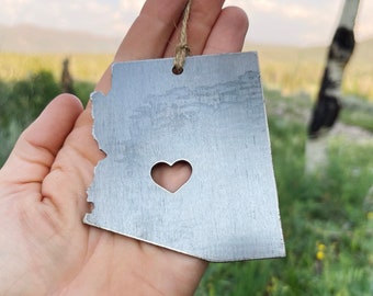 Arizona State Ornament with a tiny heart over Phoenix Made Raw Steel Christmas Tree Decoration Host Gift Wedding Housewarming Rustic Metal